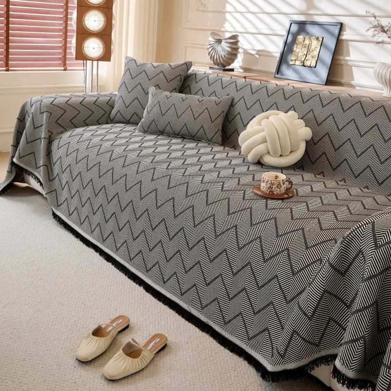 All-Season Universal Full Coverage Non-Slip Couch Imitation Llinen Solid Couch Camping Blanket Vintage Wave Pattern Sofa Cover